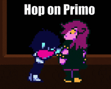 a pixel art of a couple kissing with the words hop on primo in the background