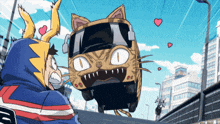 a cartoon of a cat driving a bus with hearts around it