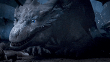 a close up of a dragon with blue eyes and sharp teeth