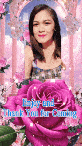 a picture of a woman with the words enjoy and thank you for coming on it
