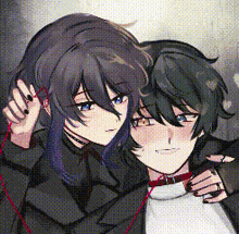 a couple of anime characters standing next to each other . one of the characters is wearing headphones .