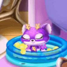 a purple and white animal is sitting in a blue pool with its eyes closed