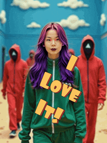 a woman with purple hair is standing in front of a group of men in red suits and the words love it !