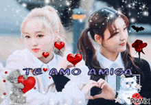 a picture of two girls making a heart with their hands and the words te amo amiga