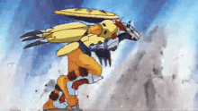 a cartoon character with wings and a shield is flying through the air