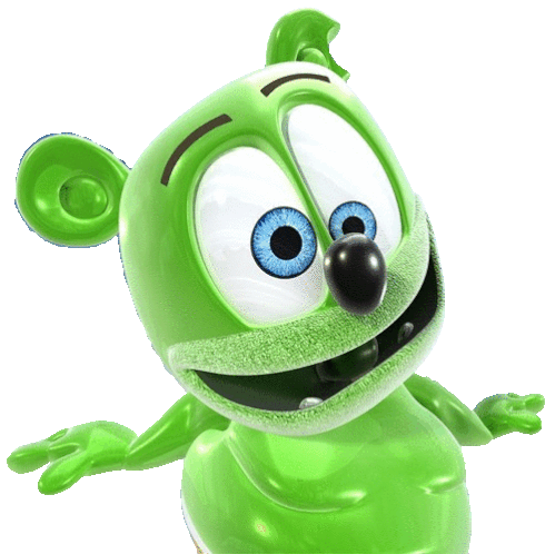 a green gummy bear with blue eyes and a black nose on a white background