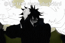 a black and white drawing of a man with the words " the true metal duck lord " on the bottom