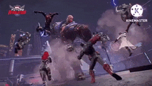 a group of superheros are fighting a giant robot in a video game .