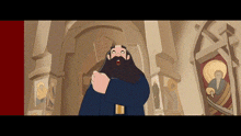 a cartoon illustration of a man with a beard standing in a church .
