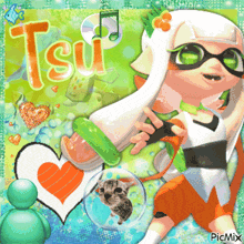 a picture of a girl holding a microphone with the word tsu on it