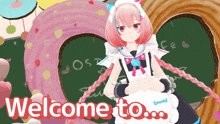 a girl in a maid outfit is standing in front of a chalkboard that says " welcome to "