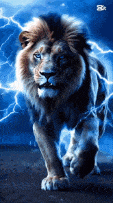 a painting of a lion with blue eyes and lightning behind it .