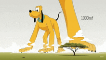 a cartoon of pluto standing next to a tree with 1000mf written on it