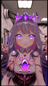 a girl with purple hair and a purple crown on her head