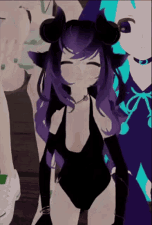 a girl with purple hair is wearing a black bodysuit and black gloves .