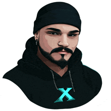 a man with a beard wearing a black hoodie with a blue x on it
