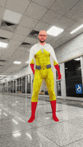 a man in a yellow and white superhero costume is standing in front of a handicap sign