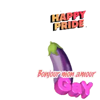 a purple eggplant with a rainbow and the words happy pride