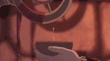 a person is pouring something into a bowl with a sword