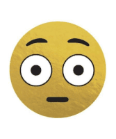 a gold smiley face with big eyes and a slight smirk