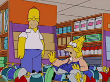a cartoon of homer simpson standing in front of a shelf that says ' bleach ' on it