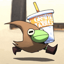 a cartoon character is carrying a drink that says grand goblet