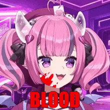 a girl with pink hair and purple eyes has blood on her face