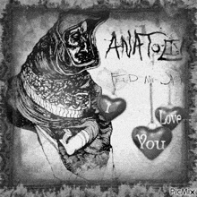 a black and white drawing of a monster holding a heart with the words " i love you " written on it