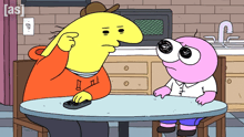 a yellow cartoon character is sitting at a table with a pink character