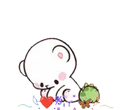 a cartoon bear says hi with a heart and a dinosaur in the background