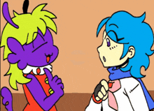 two cartoon characters are talking to each other and one is purple and the other is blue
