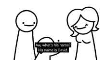 a black and white drawing of a bird with the words aw what 's his name his name is david .