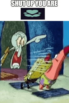 squidward and patrick from spongebob squarepants are fighting each other in a meme .