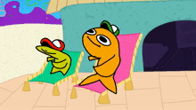 a cartoon of a fish and a frog sitting in chairs