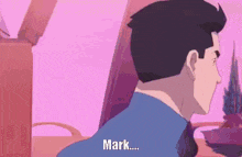 a man in a blue shirt is saying mark