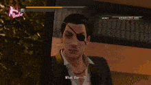 a man in a suit with an eye patch says what the-- !