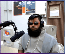 a man with a beard wearing headphones and sunglasses stands in front of a microphone and a sign that says art live