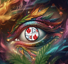 a colorful painting of a woman 's eye with a cd logo in the middle