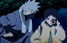 two anime characters one wearing a mask and the other holding a camera