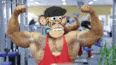 a man in a red tank top with a monkey on his face flexes his muscles