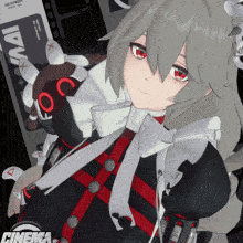 a girl with red eyes is standing in front of a sign that says " cinema "