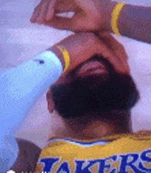 a man with a beard wearing a lakers jersey is being attacked by another man .