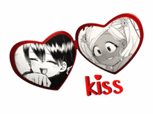 two hearts with a picture of a girl and the word kiss