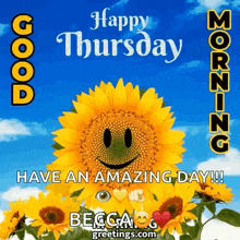 a sunflower with a smiley face on it and the words `` happy thursday morning have an amazing day '' .