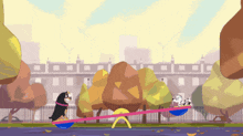 two dogs are playing on a seesaw in the park