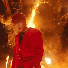 a man in a red jacket is standing in front of a burning building .