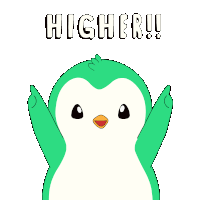 a cartoon of a penguin with a green arrow pointing up and the words higher