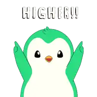 a cartoon of a penguin with a green arrow pointing up and the words higher