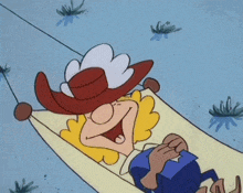 a cartoon character wearing a cowboy hat is laying on a hammock
