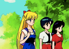 three anime girls are standing next to each other